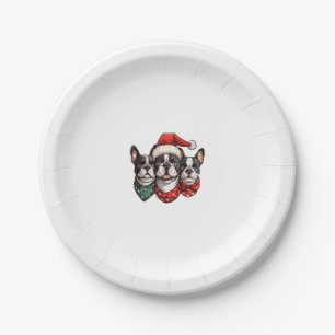Cute Christmas Boston Terrier Dogs Santa Hat Snowf Paper Plate