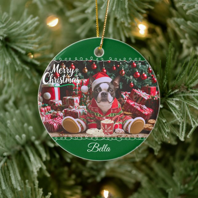 Cute Christmas Boston Terrier Pyjamas Personalised Ceramic Tree Decoration (Tree)