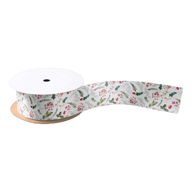 Cute Christmas Botanical Foliage Gift Wrapping Satin Ribbon (Spool)