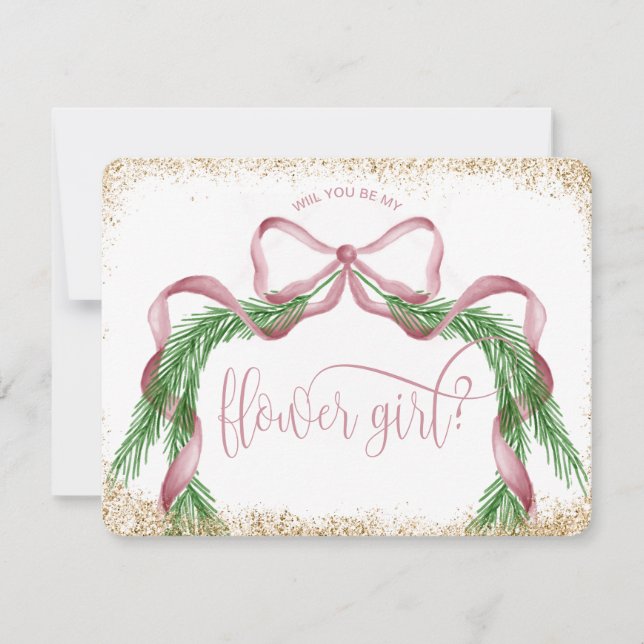cute christmas bow pink watercolor FLOWER GIRL Invitation (Front)
