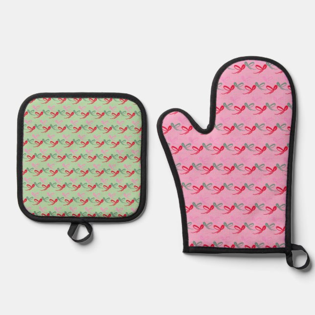 Cute Christmas Bows Colorful Oven Mitt & Pot Holder Set (Front)