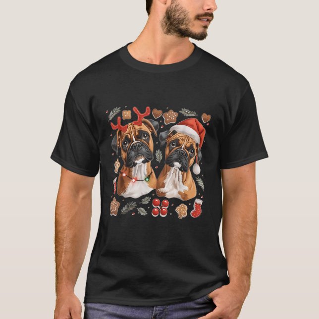 Cute Christmas Boxer Dogs Santa Hat Reindeer Holid T-Shirt (Front)