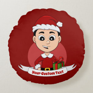 Cute Christmas boy with black hair Round Cushion