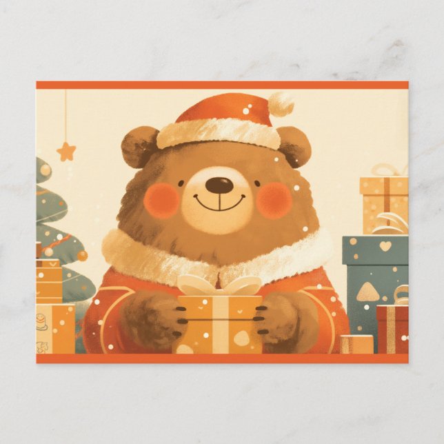 Cute Christmas Brown Bear with Gifts Postcard (Front)