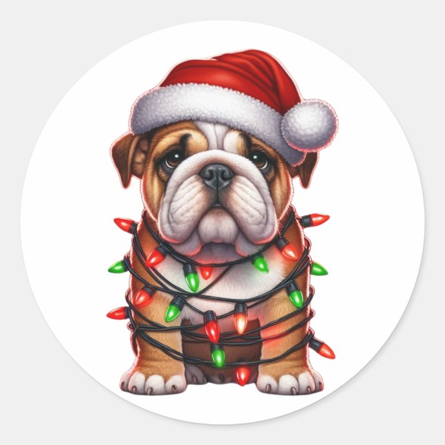 Cute Christmas Bulldog  Classic Round Sticker (Front)