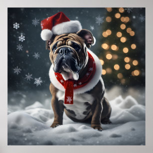 Cute Christmas Bulldog with Santa Hat in Snow  Poster