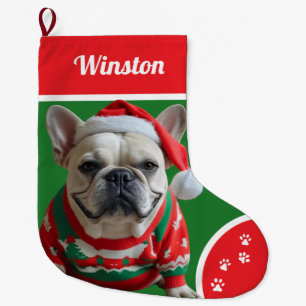 Cute Christmas Bulldog with Sweater Personalised Large Christmas Stocking