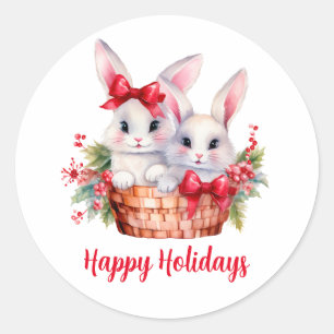 Cute Christmas Bunnies in a Basket Classic Round Sticker