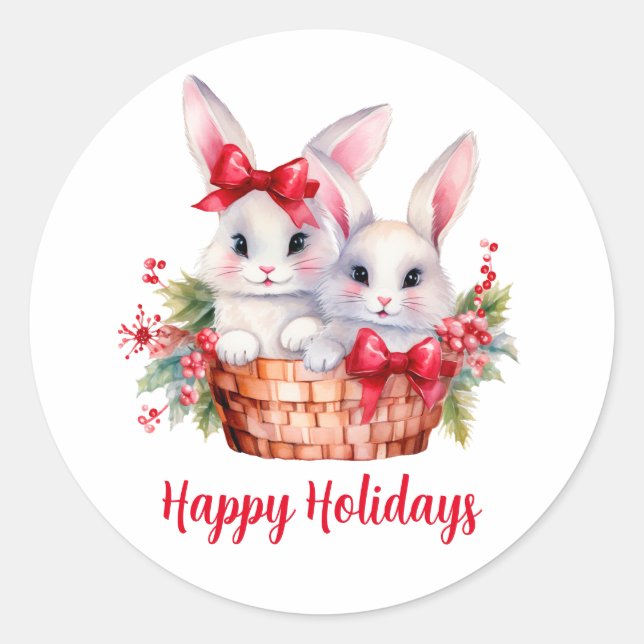 Cute Christmas Bunnies in a Basket Classic Round Sticker (Front)