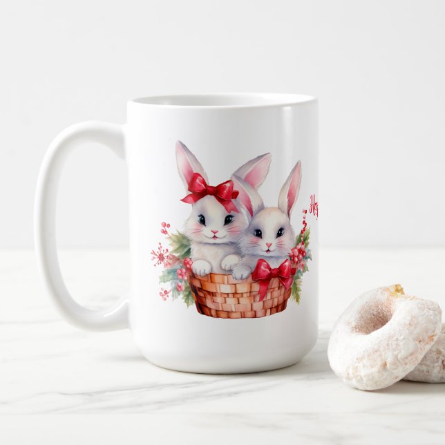 Cute Christmas Bunnies in a Basket Coffee Mug (With Donut)