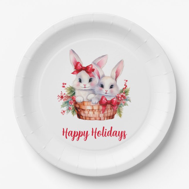 Cute Christmas Bunnies in a Basket Paper Plate (Front)