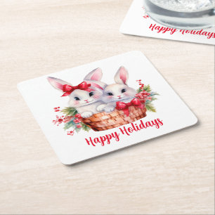 Cute Christmas Bunnies in a Basket Square Paper Coaster