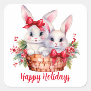 Cute Christmas Bunnies in a Basket Square Sticker