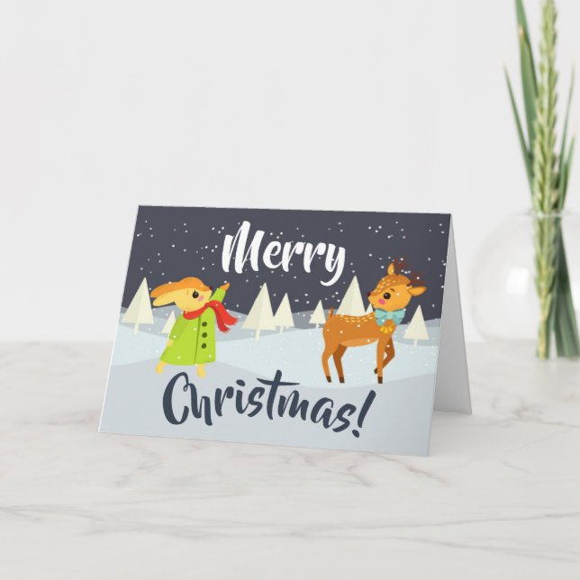 Cute Christmas Bunny and Deer Holiday Card (Front)