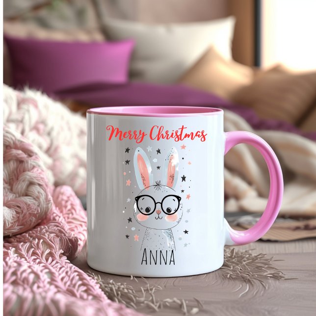 Cute Christmas Bunny in Santa Hat Coffee Two-Tone Coffee Mug (Creator Uploaded)