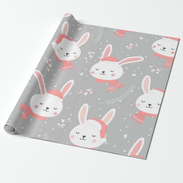 Cute Christmas Bunny Pattern Wrapping Paper (Unrolled)