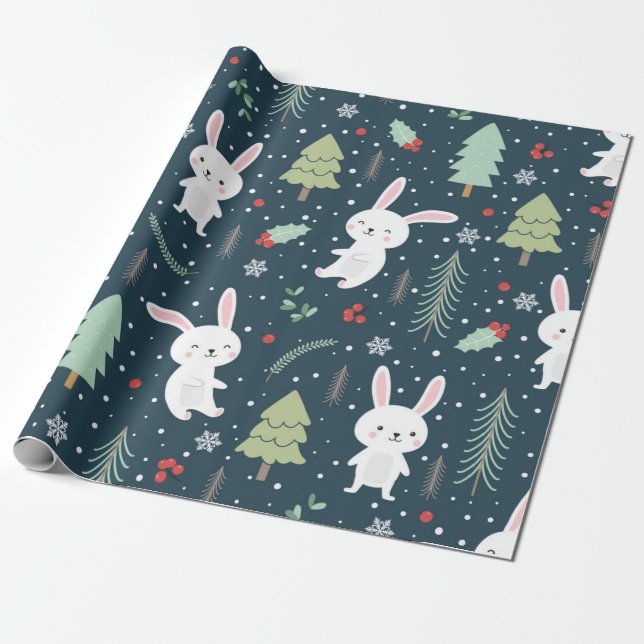 Cute Christmas Bunny Pattern Wrapping Paper (Unrolled)