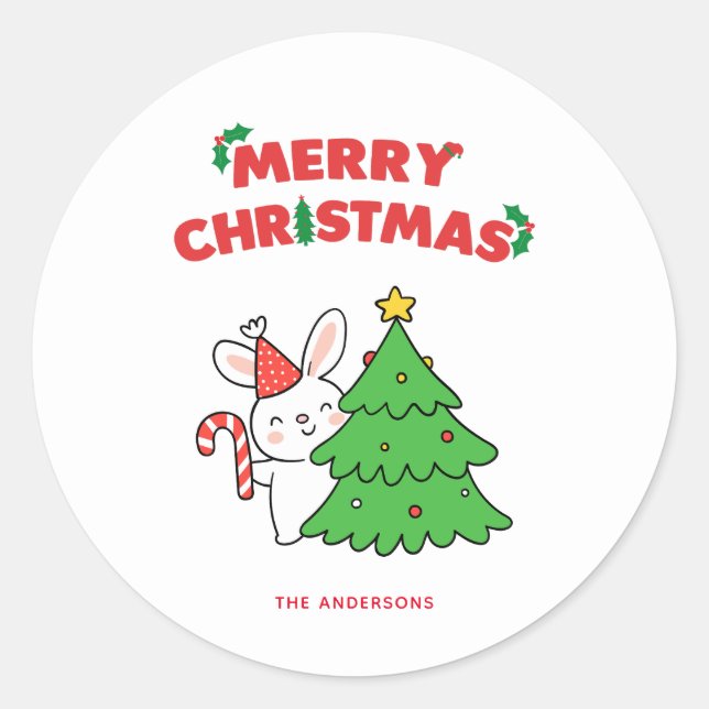 Cute Christmas Bunny Rabbit Cartoon Classic Round Sticker (Front)