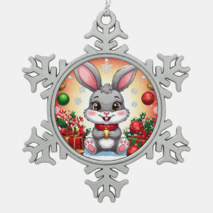 Cute Christmas Bunny Snowflake Pewter Christmas Ornament