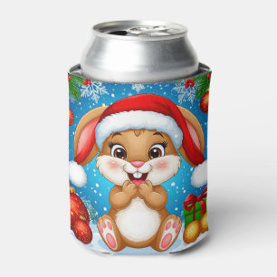 Cute Christmas Bunny Wearing Santa Hat Can Cooler