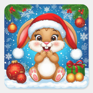 Cute Christmas Bunny Wearing Santa Hat Square Sticker
