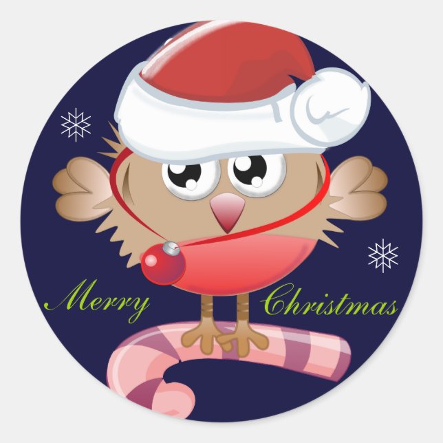 Cute Christmas button with Santa hat- bird & text Classic Round Sticker (Front)