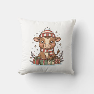 Cute Christmas Calf With Gifts Vintage Vector_1 Cushion