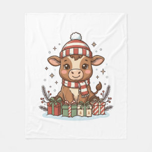 Cute Christmas Calf With Gifts Vintage Vector_1 Fleece Blanket