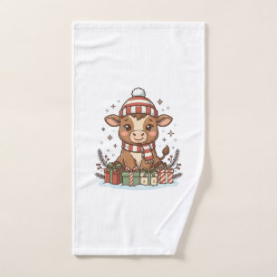 Cute Christmas Calf With Gifts Vintage Vector_1 Hand Towel