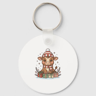 Cute Christmas Calf With Gifts Vintage Vector_1 Key Ring