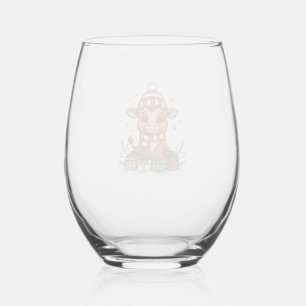 Cute Christmas Calf With Gifts Vintage Vector_1 Stemless Wine Glass