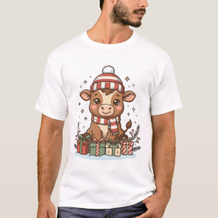Cute Christmas Calf With Gifts Vintage Vector_1 T-Shirt