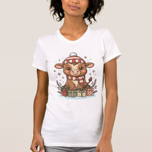 Cute Christmas Calf With Gifts Vintage Vector_1 T-Shirt