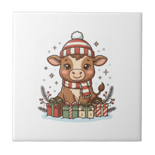 Cute Christmas Calf With Gifts Vintage Vector_1 Tile