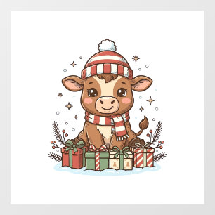 Cute Christmas Calf With Gifts Vintage Vector_1 Window Cling