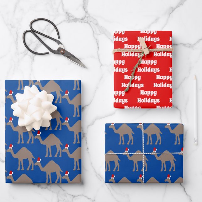 Cute Christmas Camel Custom Message Wrapping Paper Sheet (Front)