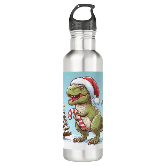Cute Christmas candy cane dinosaur 710 Ml Water Bottle (Front)