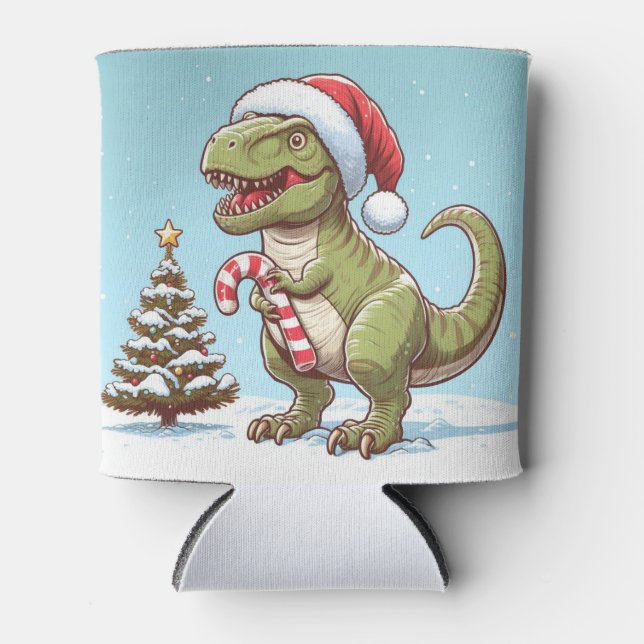 Cute Christmas candy cane dinosaur Can Cooler (Front)
