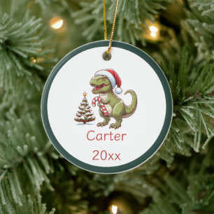 Cute Christmas candy cane dinosaur Ceramic Tree Decoration