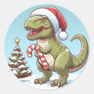Cute Christmas candy cane dinosaur Classic Round Sticker