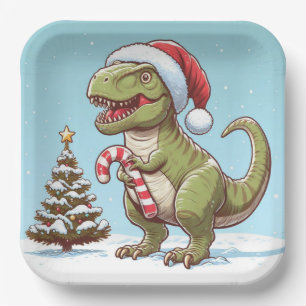 Cute Christmas candy cane dinosaur Paper Plate