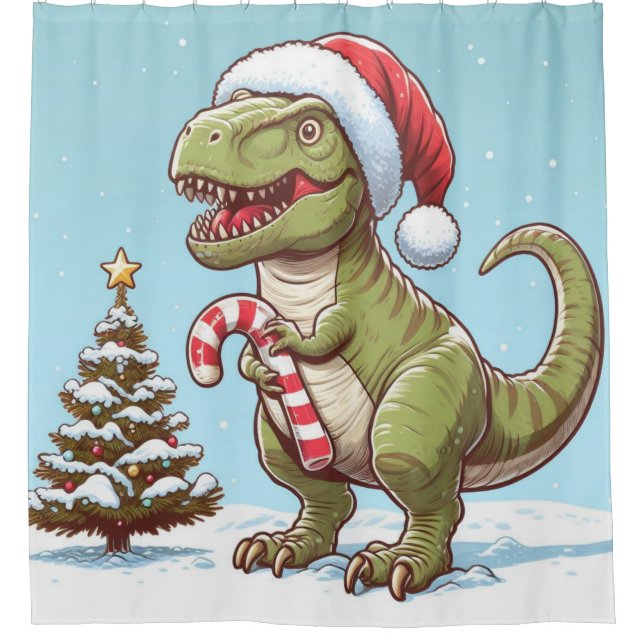 Cute Christmas candy cane dinosaur Shower Curtain (Front)