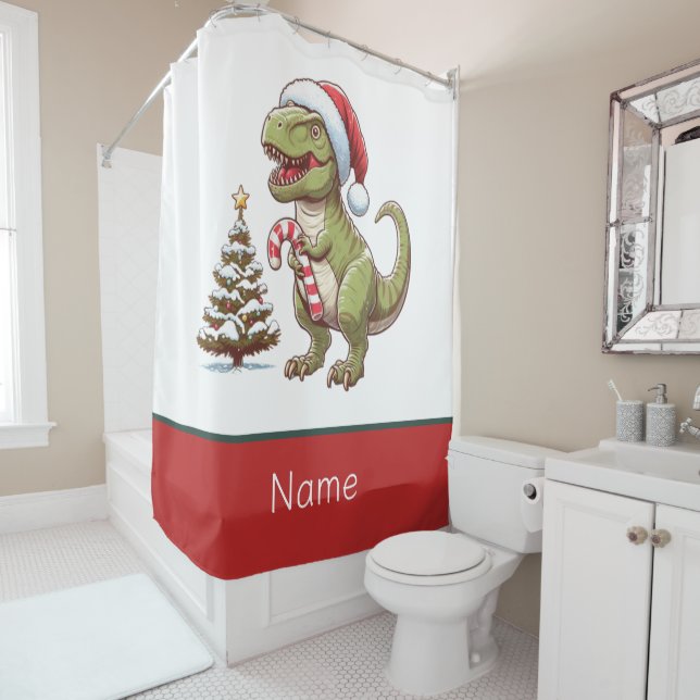 Cute Christmas candy cane dinosaur Shower Curtain (In Situ)