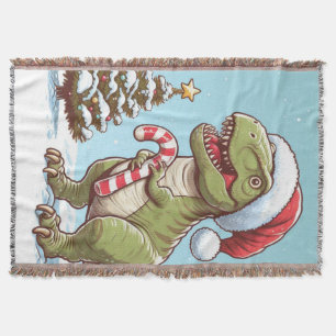 Cute Christmas candy cane dinosaur Throw Blanket