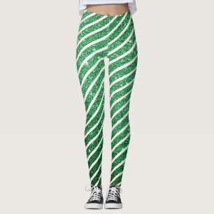 Cute Christmas Candy Cane Glitter Green Stripped Leggings