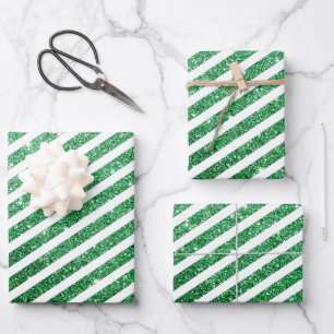 Cute Christmas Candy Cane Glitter Green Stripped Wrapping Paper Sheet