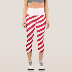 Cute Christmas Candy Cane Glitter Stripped Pattern Capri Leggings