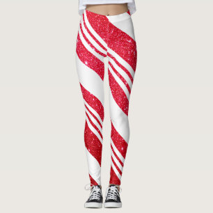 Cute Christmas Candy Cane Glitter Stripped Pattern Leggings