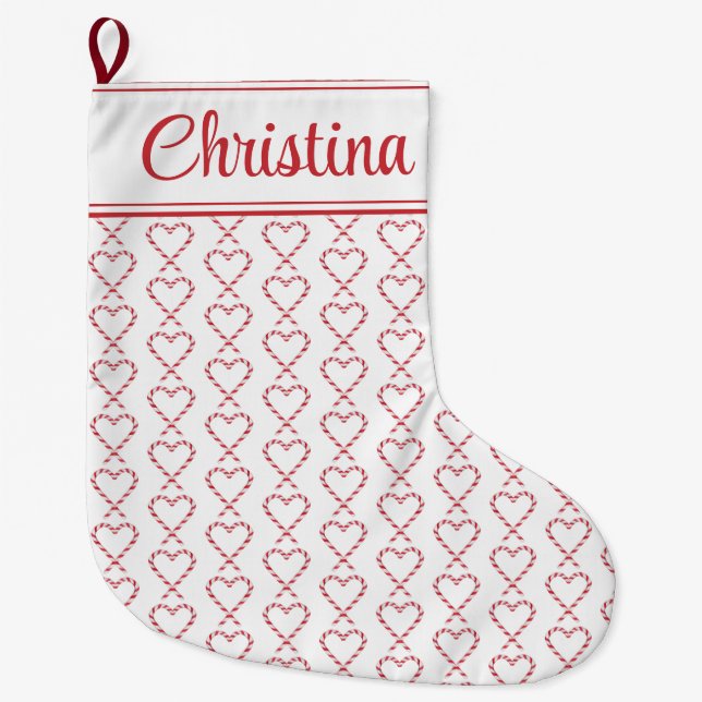 Cute Christmas Candy Cane Hearts Personalised Large Christmas Stocking (Front)