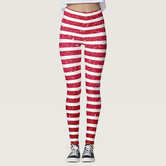 Cute Christmas Candy Cane Holiday Stripped Pattern Leggings (Front)
